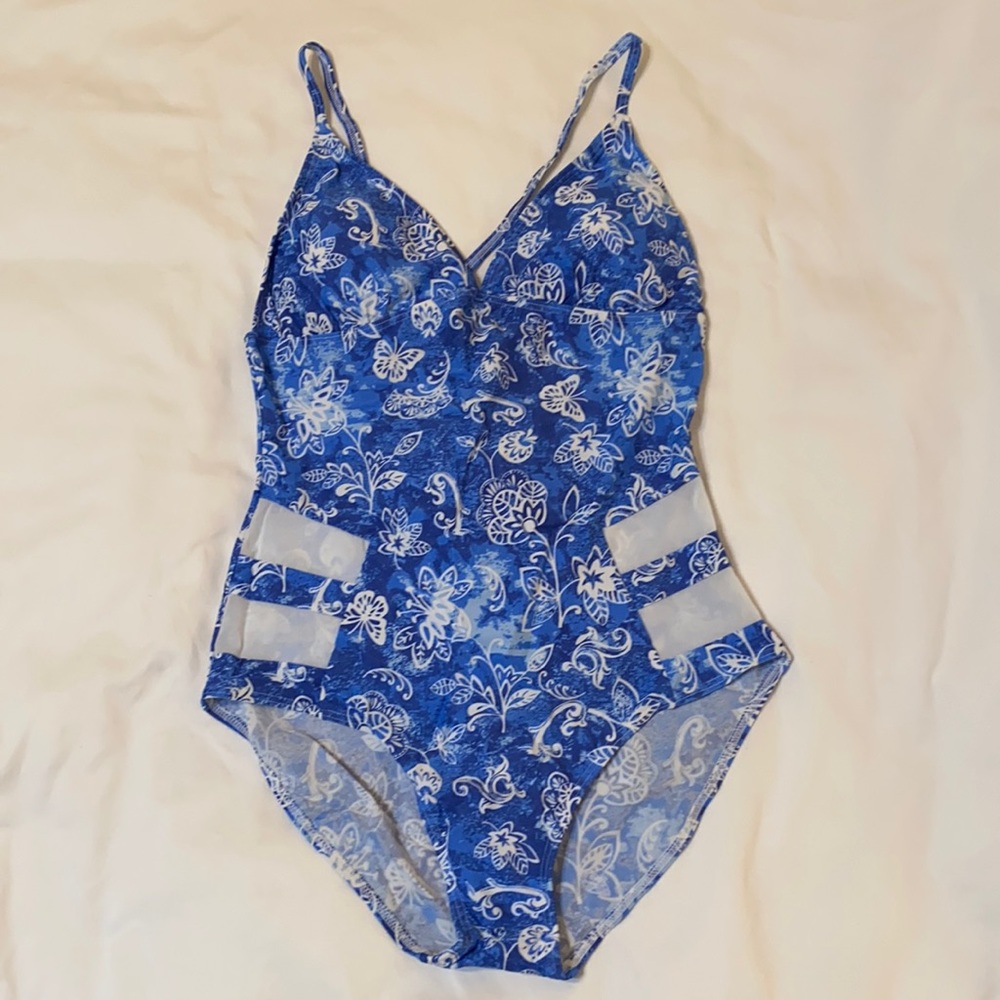 Bawdy Blue Tropical One Piece Swimsuit, Large